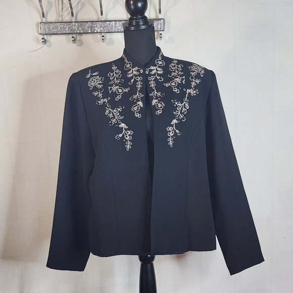 Coldwater Creek Black White Floral Embroider Sequin Open Front Poly Blazer Sz 16 - Picture 2 of 16